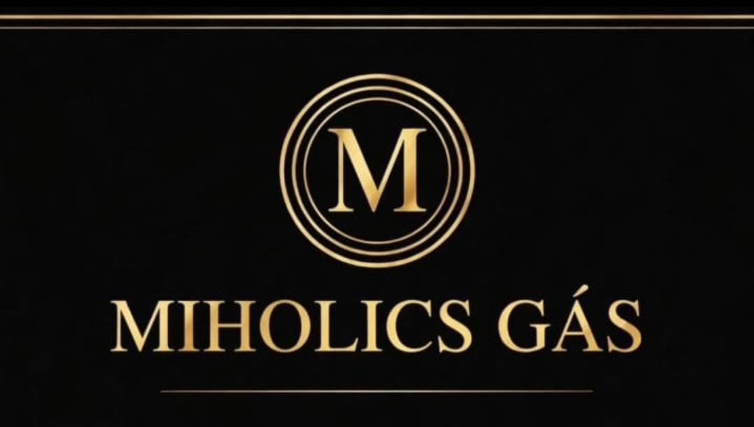 Logo Miholics Gás, monograma M e nome em dourado sobre fundo preto